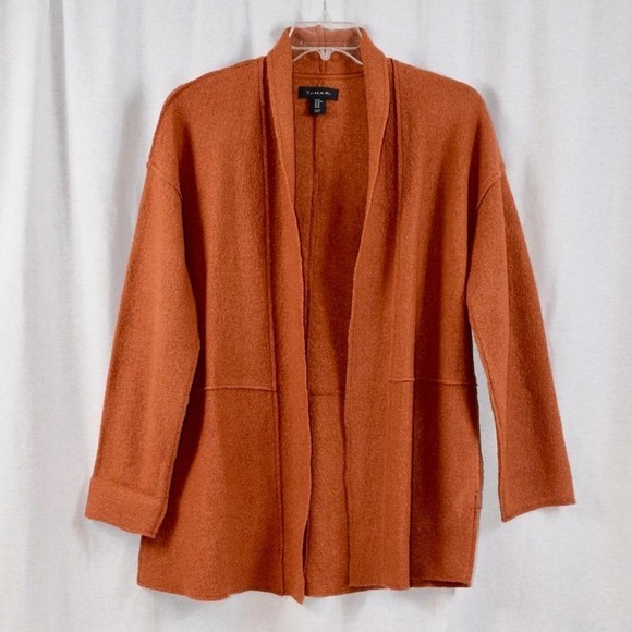 TAHARI - burnt orange long sleeve 3/4 length wool blend open front coat, size M - Picture 1 of 3